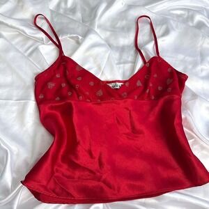 Lovable Red Satin Heart Print Camisole V-Neck Spaghetti Strap Top Women Large